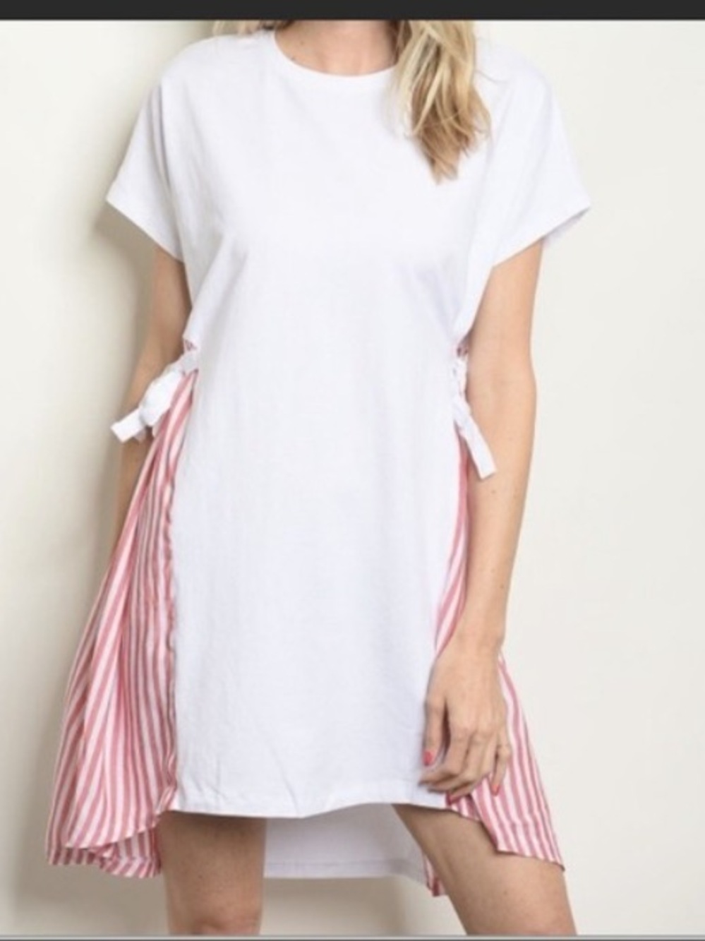 NWOT Zara White T-shirt Midi Dress with Pink Striped Side Panels